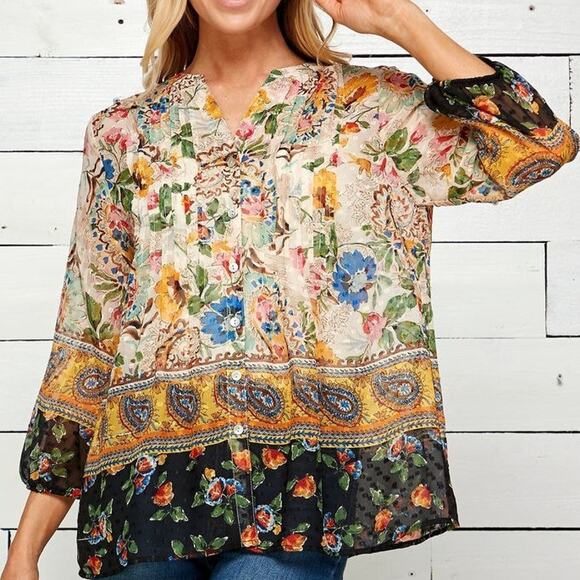 Anthropologie Fig & Flower Plus Size Flowing 3/4 Border Printed Sleeve Blouse - Picture 1 of 13